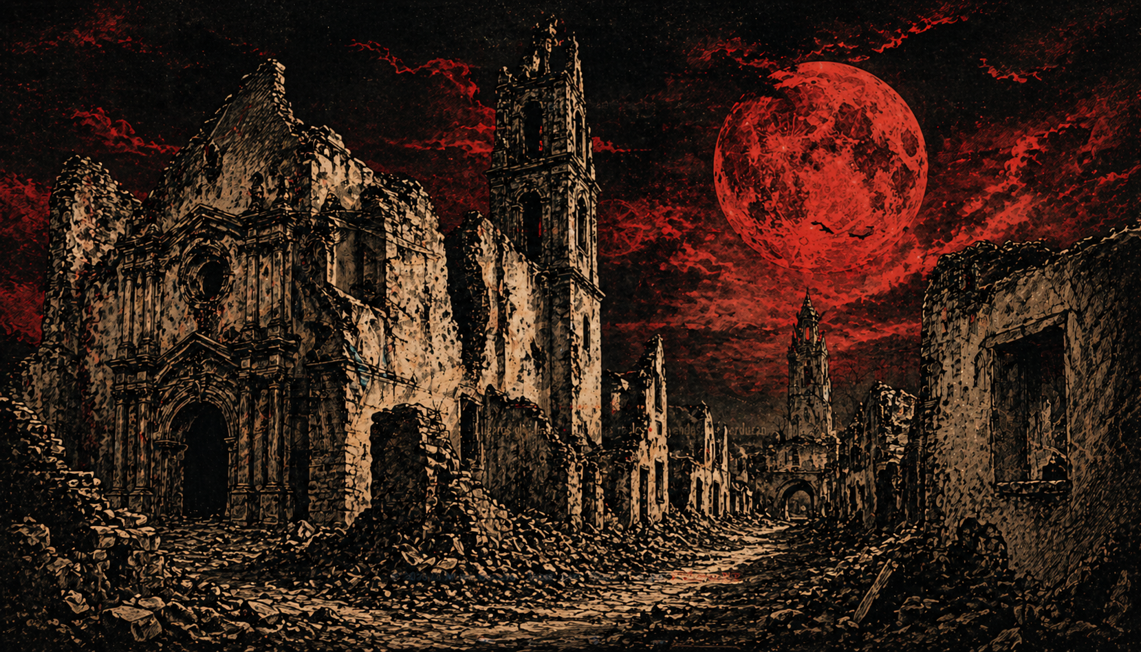 Ruinas del Pueblo Viejo de Belchite bajo luna roja - ilustración El Mapa Oscuro