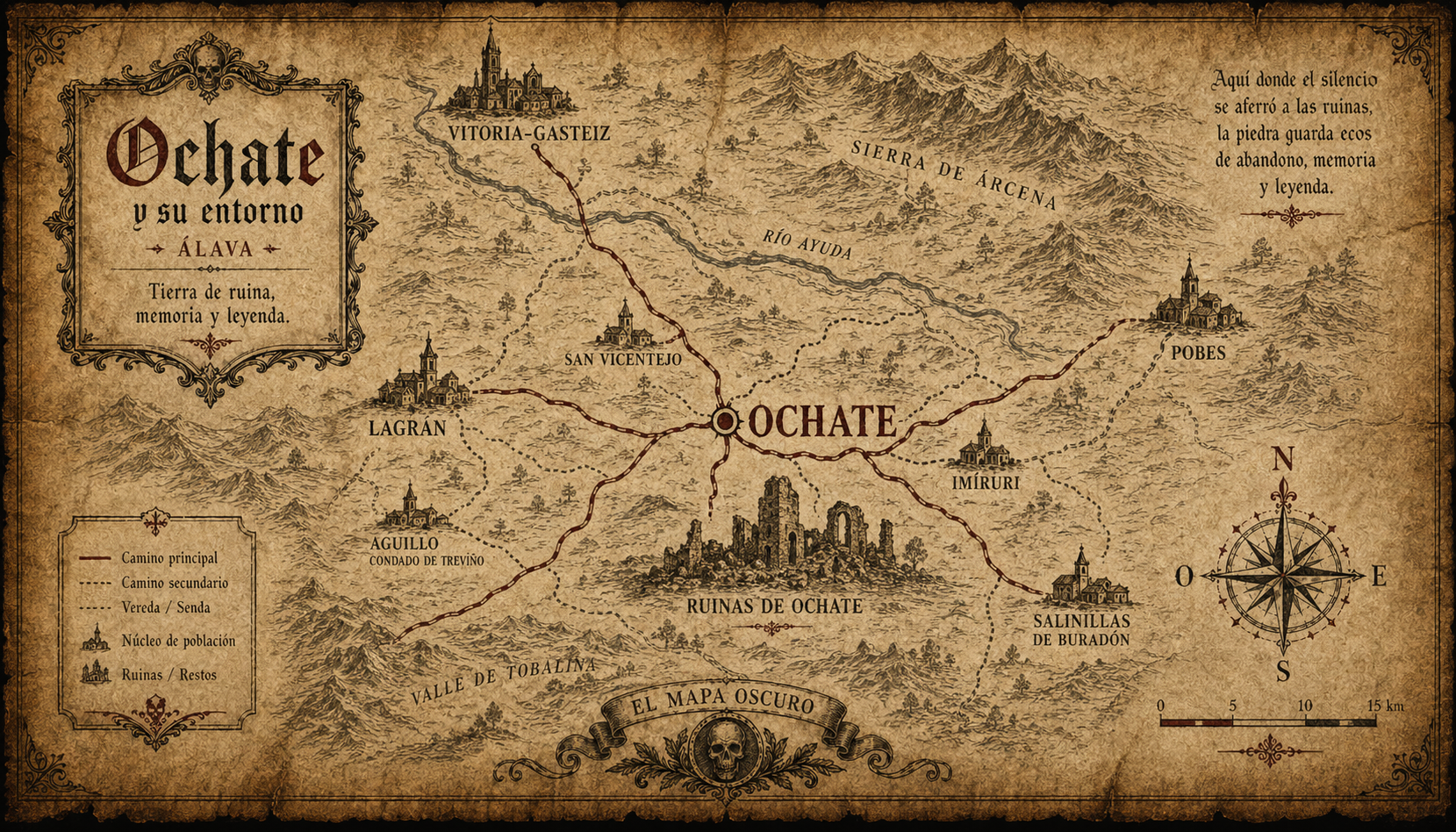 Mapa pergamino del Cartógrafo Oscuro — ubicación de Ochate en el Condado de Treviño