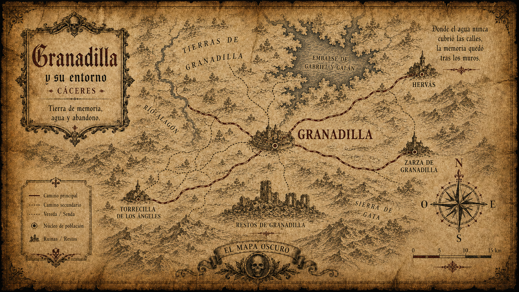 Mapa pergamino del Cartógrafo sobre Granadilla y la sombra del embalse