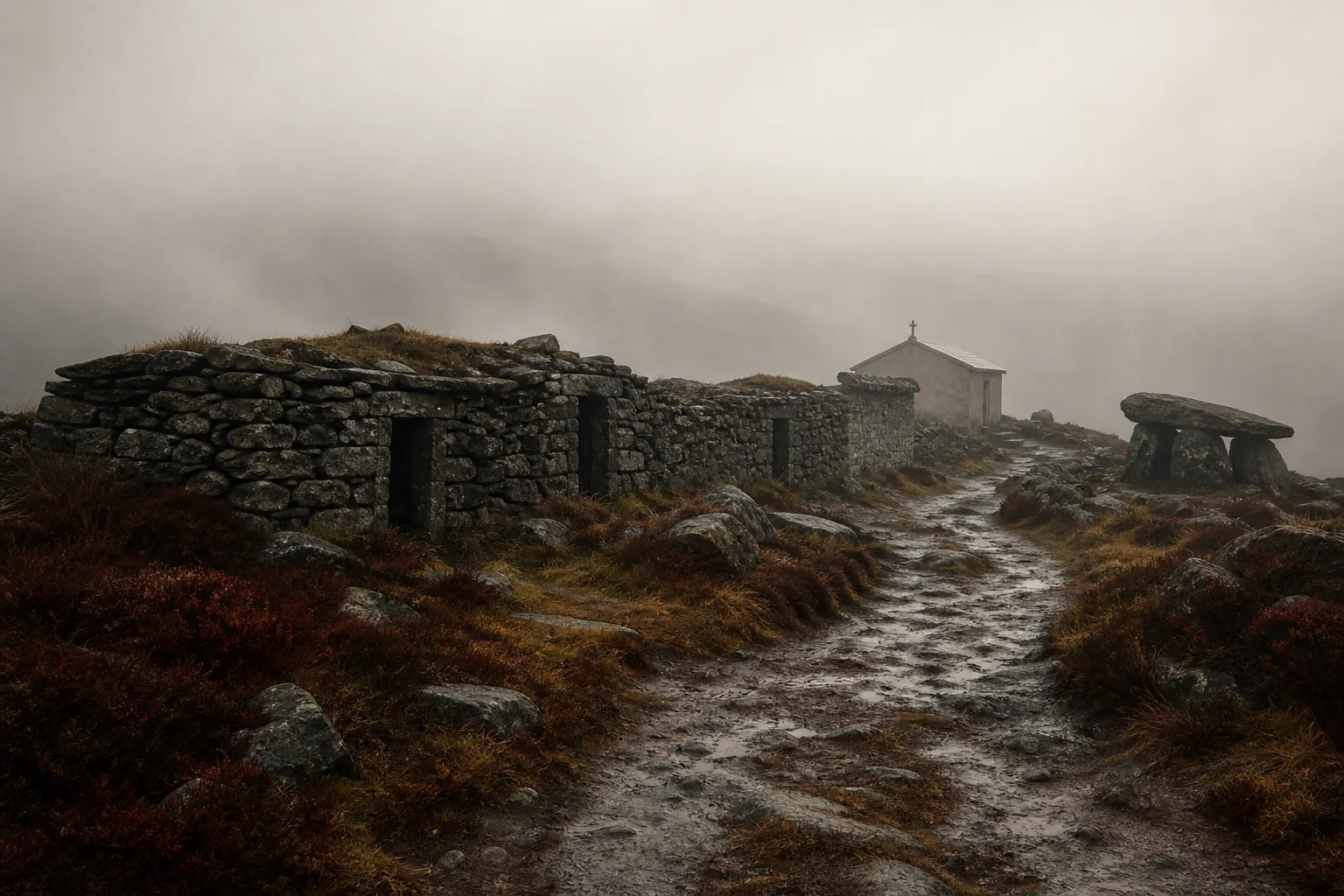 Recreación del Hospital de Montouto entre la niebla de A Fonsagrada