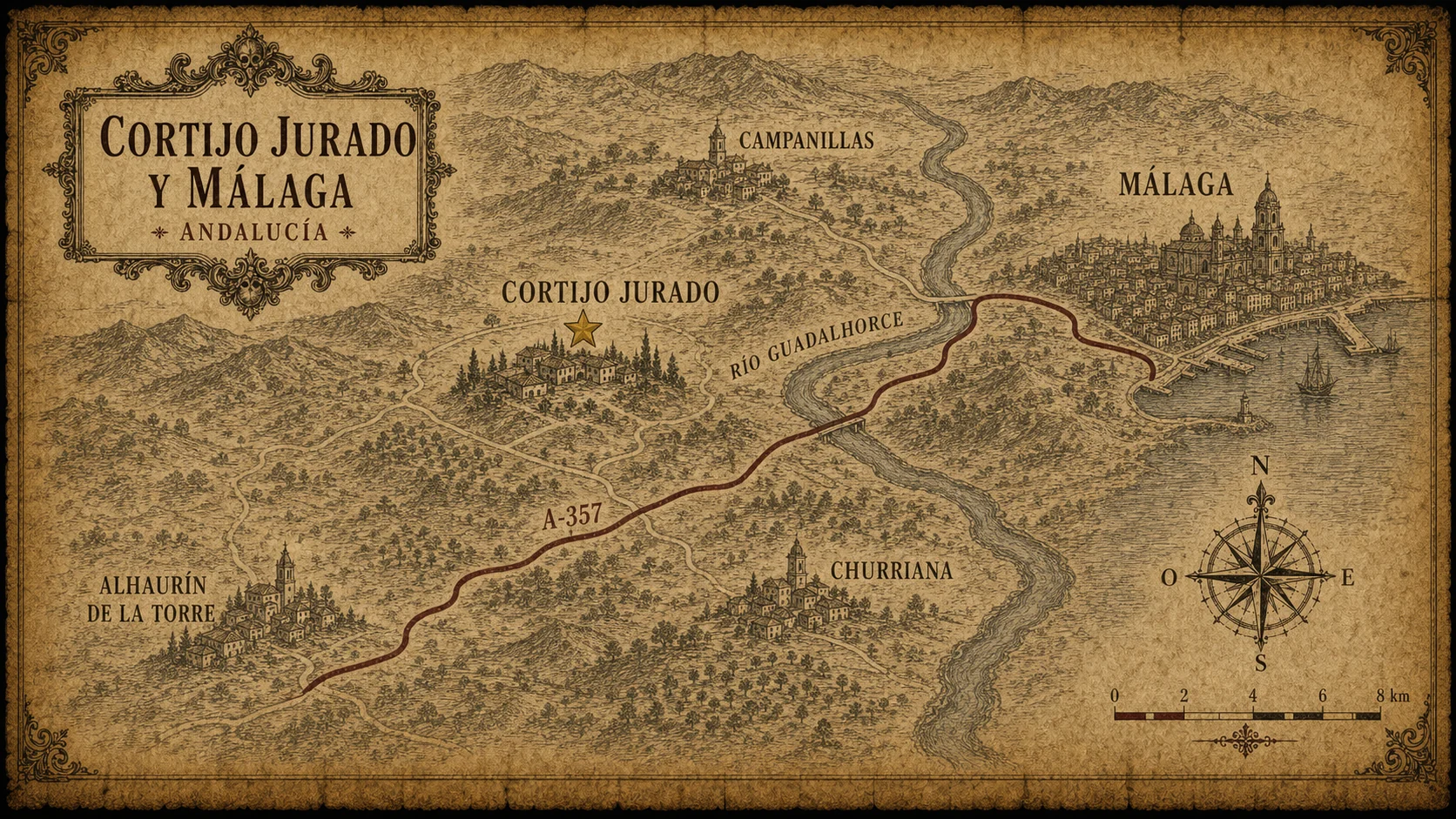 Mapa pergamino del Cartógrafo Oscuro — Cortijo Jurado y Málaga