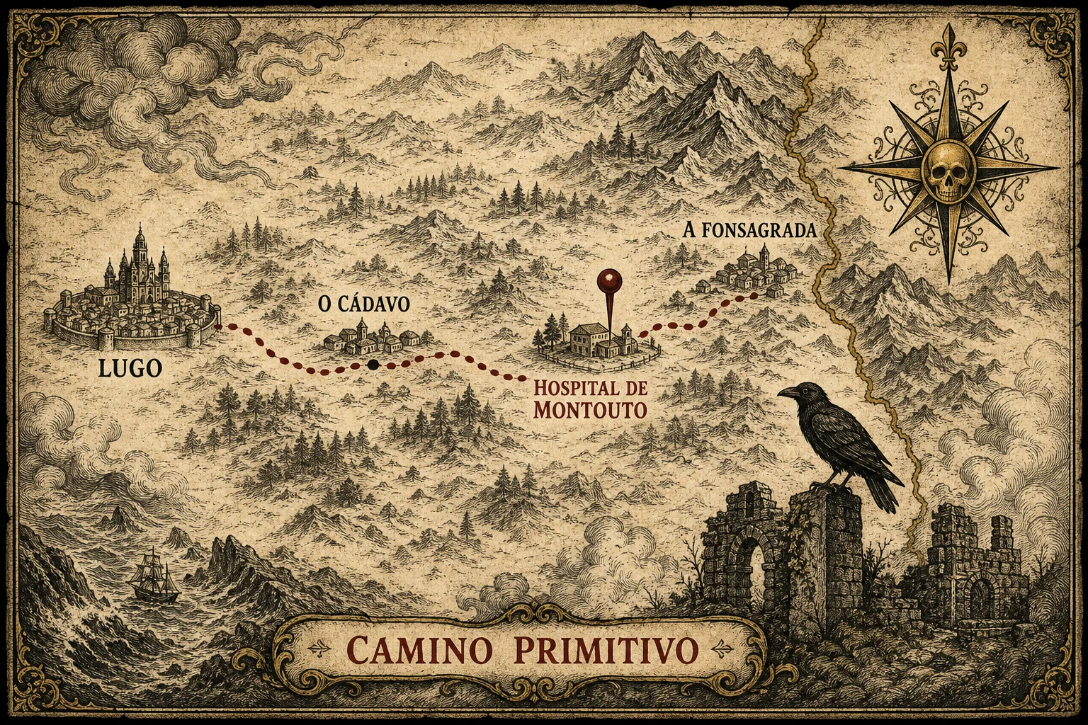 Mapa antiguo del Camino Primitivo y el Hospital de Montouto