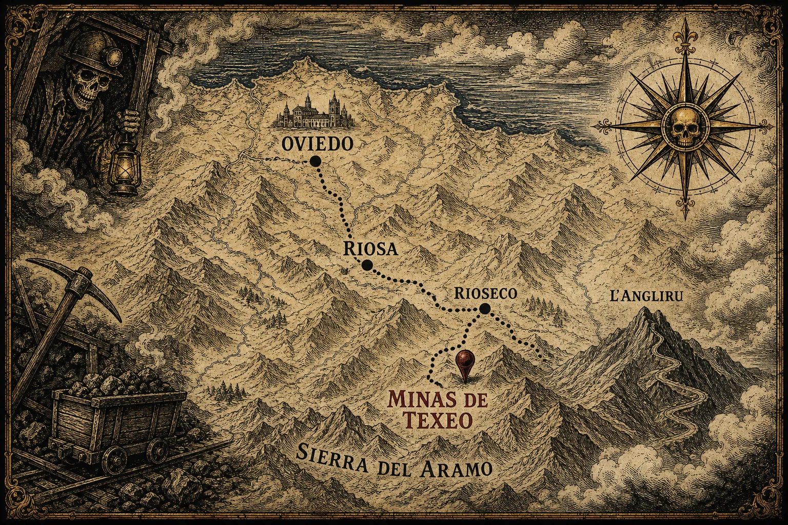 Mapa antiguo de Riosa, Rioseco y las Minas de Texeo