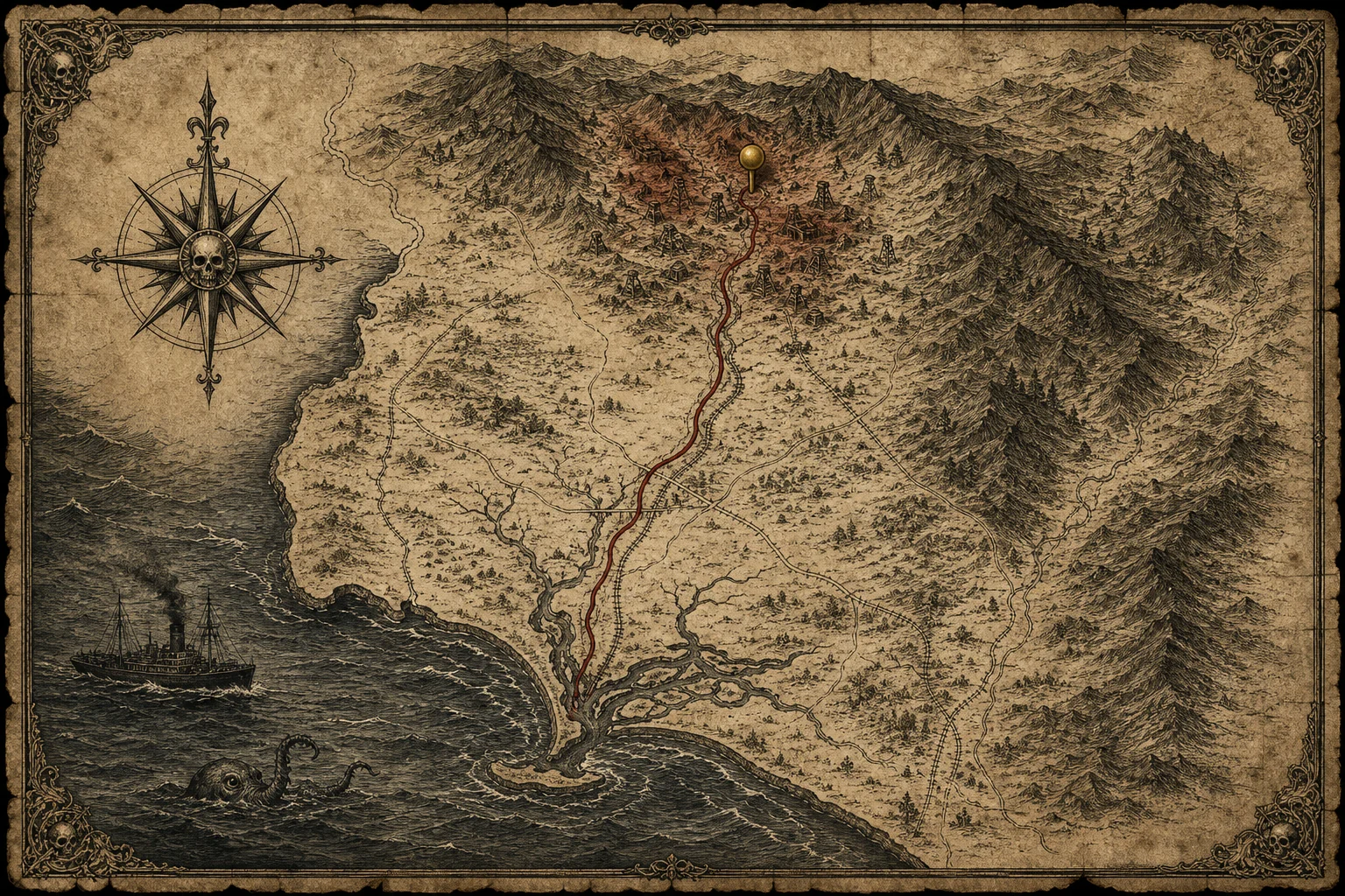 Mapa antiguo de la cuenca minera de Riotinto, Nerva y el río Tinto