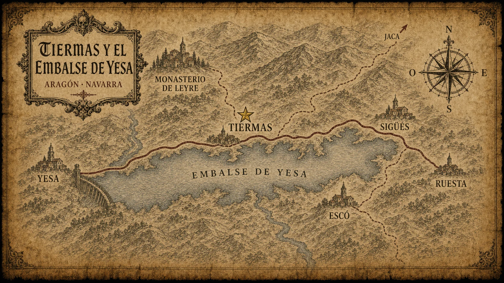 Mapa pergamino del Cartógrafo Oscuro — Tiermas y el embalse de Yesa