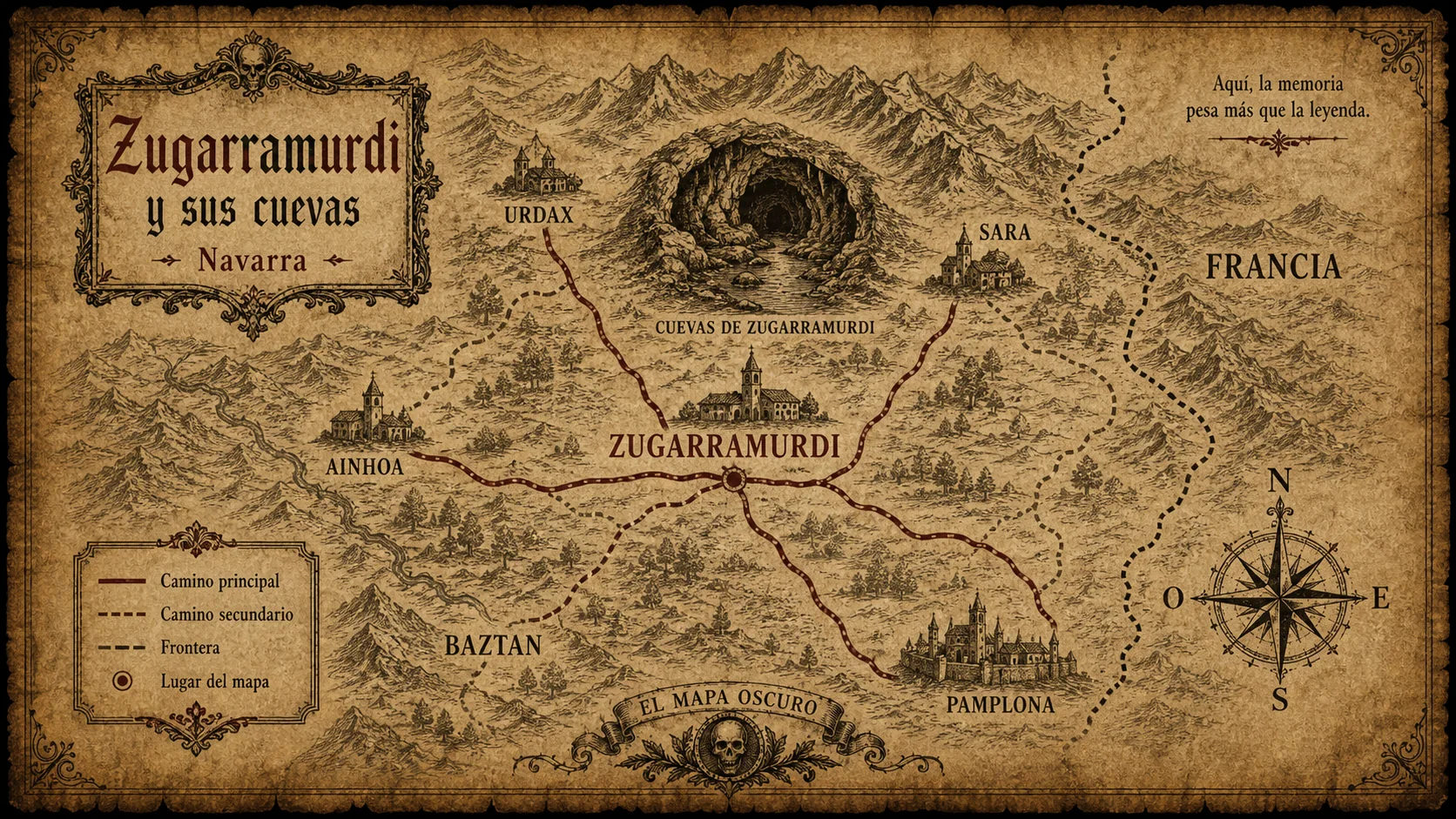 Mapa pergamino del Cartógrafo Oscuro — Zugarramurdi y sus cuevas