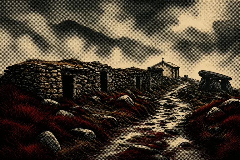 Ilustración pulp del Hospital de Montouto entre la niebla de A Fonsagrada