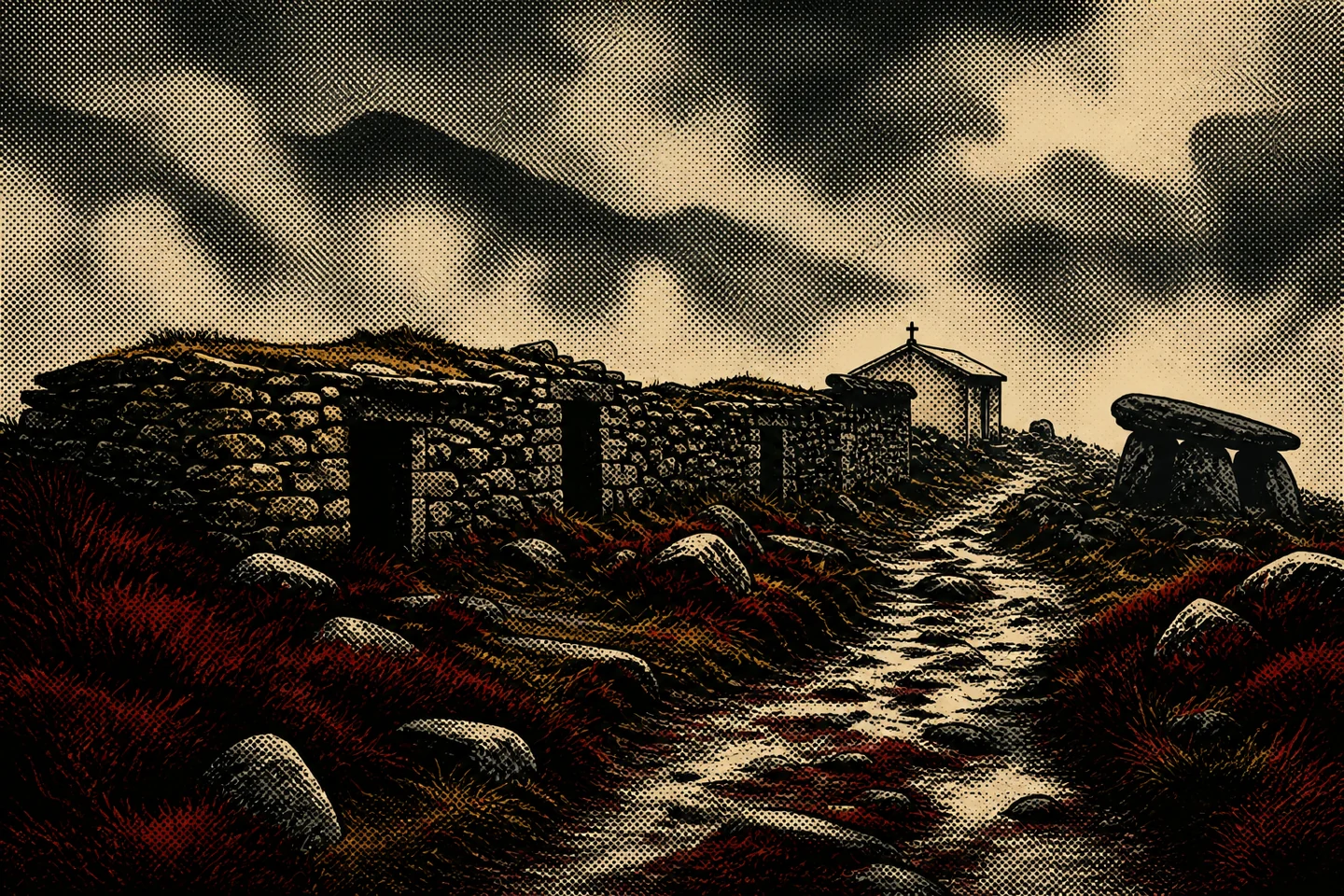 Ilustración pulp del Hospital de Montouto entre la niebla de A Fonsagrada