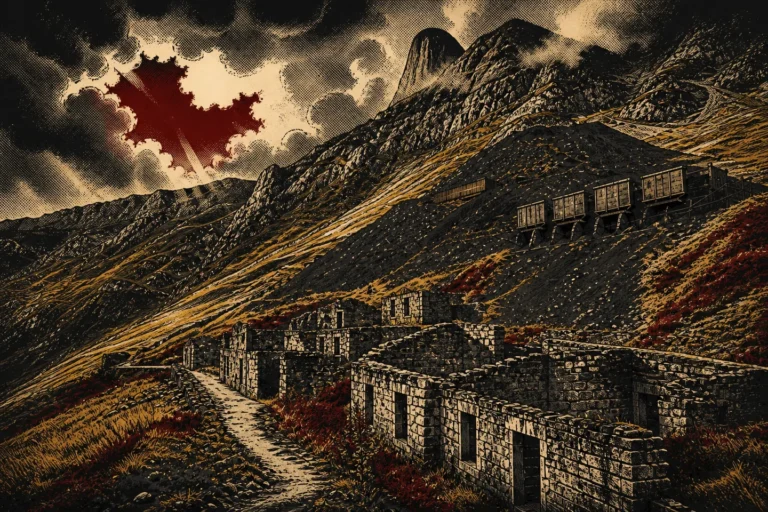 Ilustración pulp de las Minas de Texeo y el poblado de Rioseco bajo el Angliru
