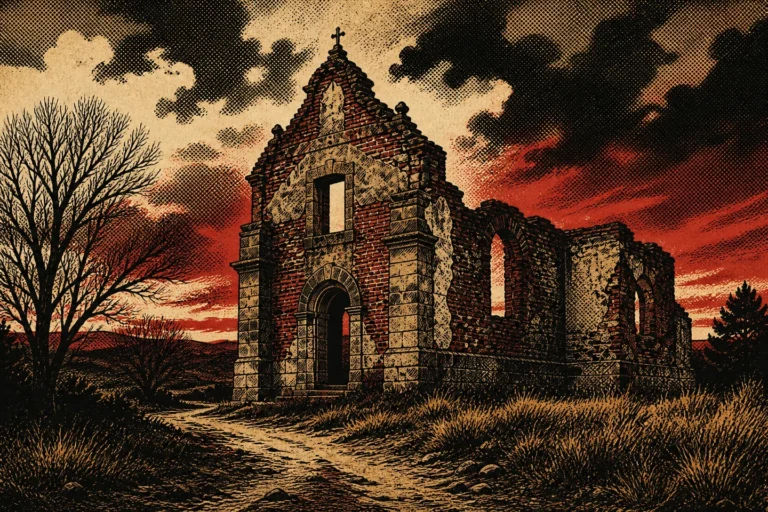 Ilustración pulp de la iglesia en ruinas del antiguo pueblo de Polvoranca