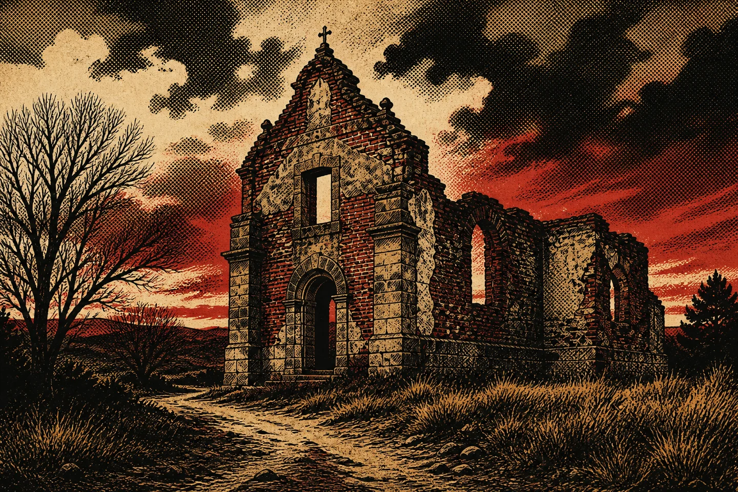 Ilustración pulp de la iglesia en ruinas del antiguo pueblo de Polvoranca