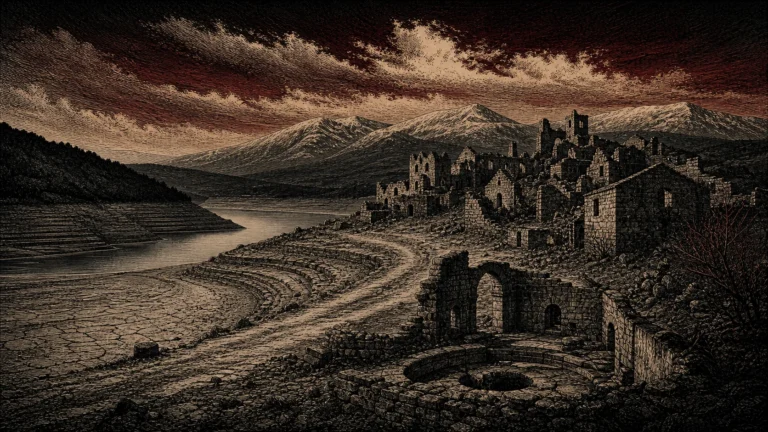 Tiermas y las ruinas que emergen junto al embalse de Yesa