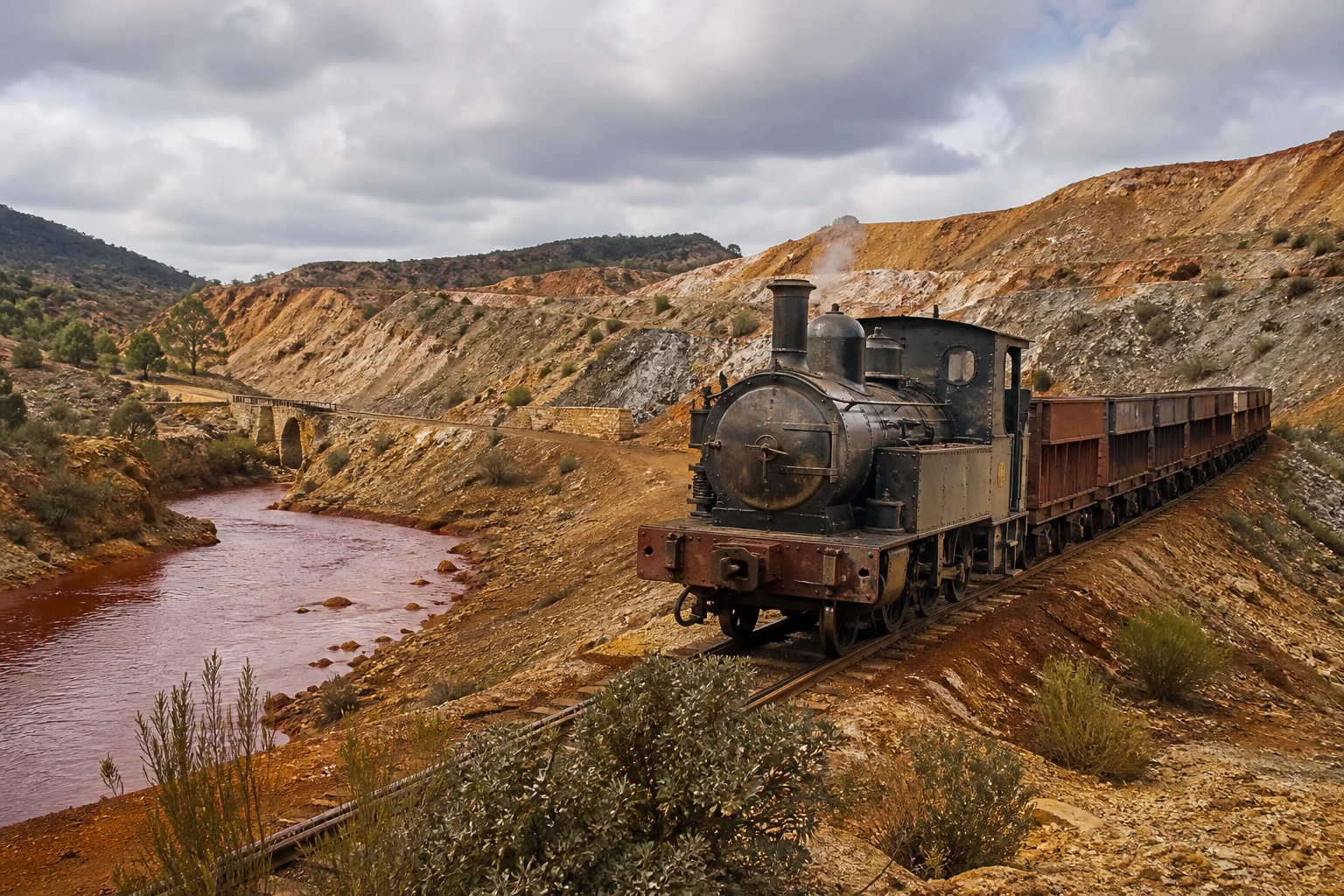 Recreación del ferrocarril minero junto a las aguas rojas de Riotinto