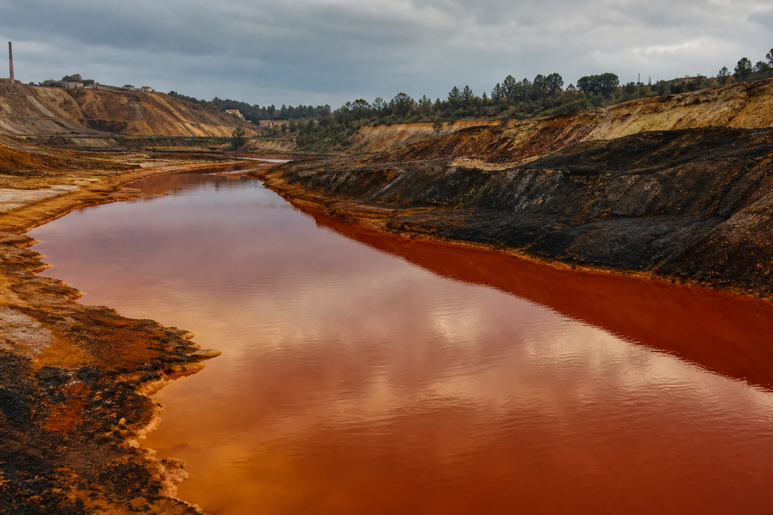 Recreación del río Tinto atravesando el paisaje minero rojizo de Huelva